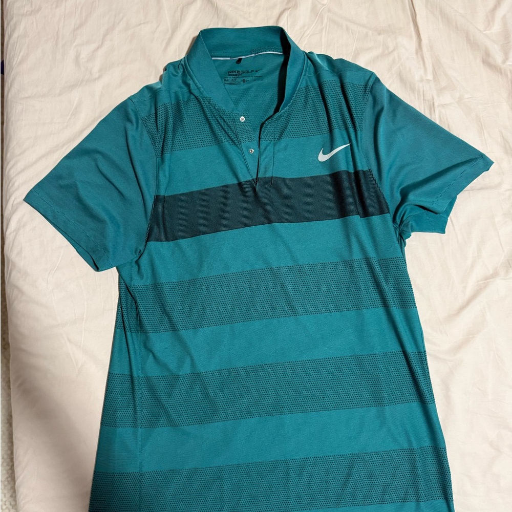 Nike Men's Teal and Black Striped Polo Shirt